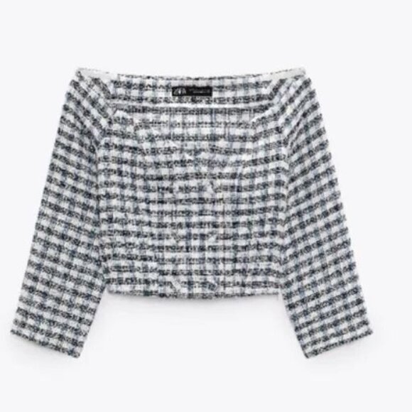 ZARA Women's Textured Off Shoulder Cropped Top Jacket Blue White Plaid Sz Large - Picture 3 of 12